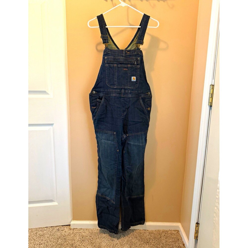 Carhartt B07 Blue Denim Bib Overalls Loose Fit Straight Leg Adjustable Straps